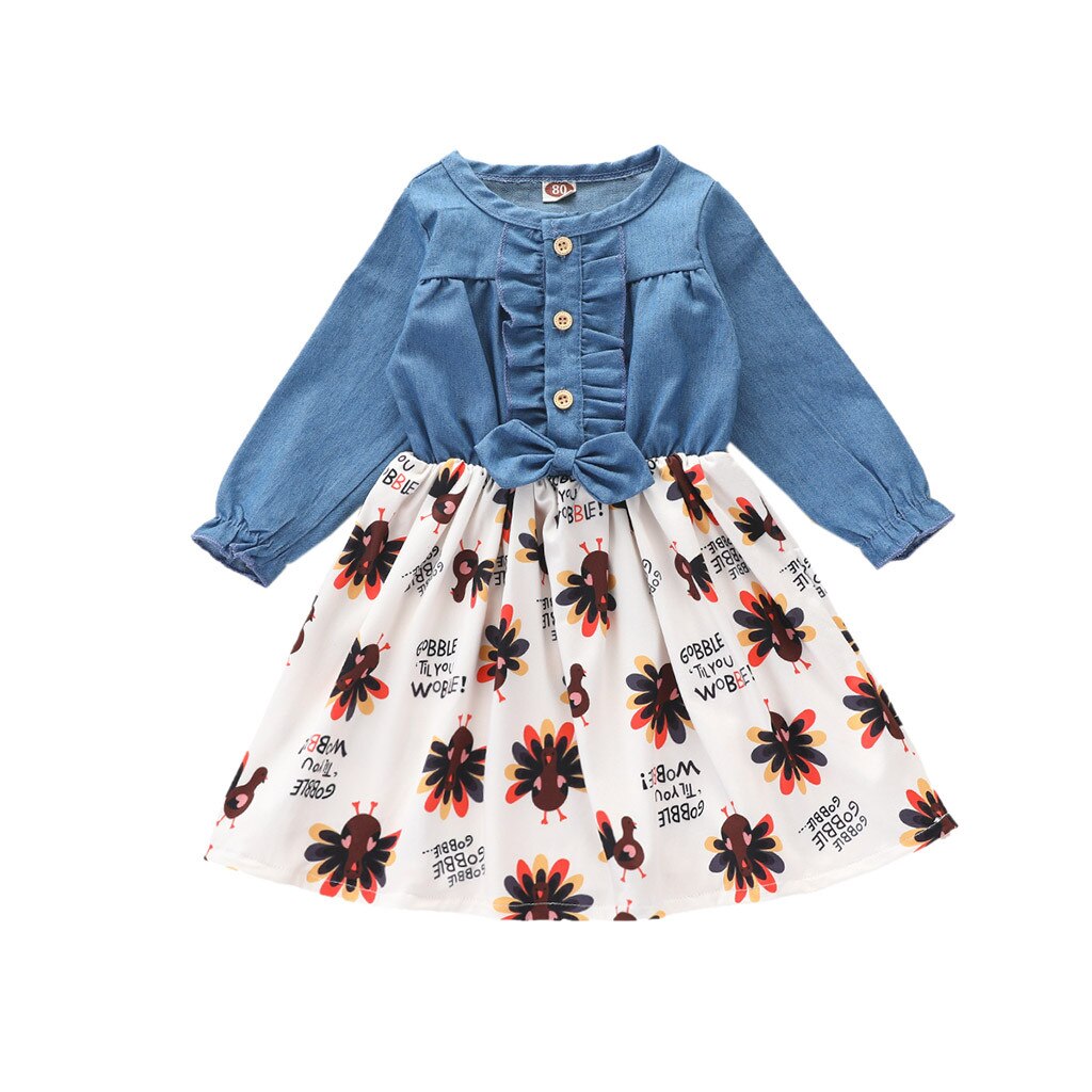 Peuter Kids Baby Meisje Kleding Thanksgiving Kalkoen Cartoon Print Jurk Winter O Hals Prinses Jurk Lange Mouwen Denim Jurk: White / 2-3 Years