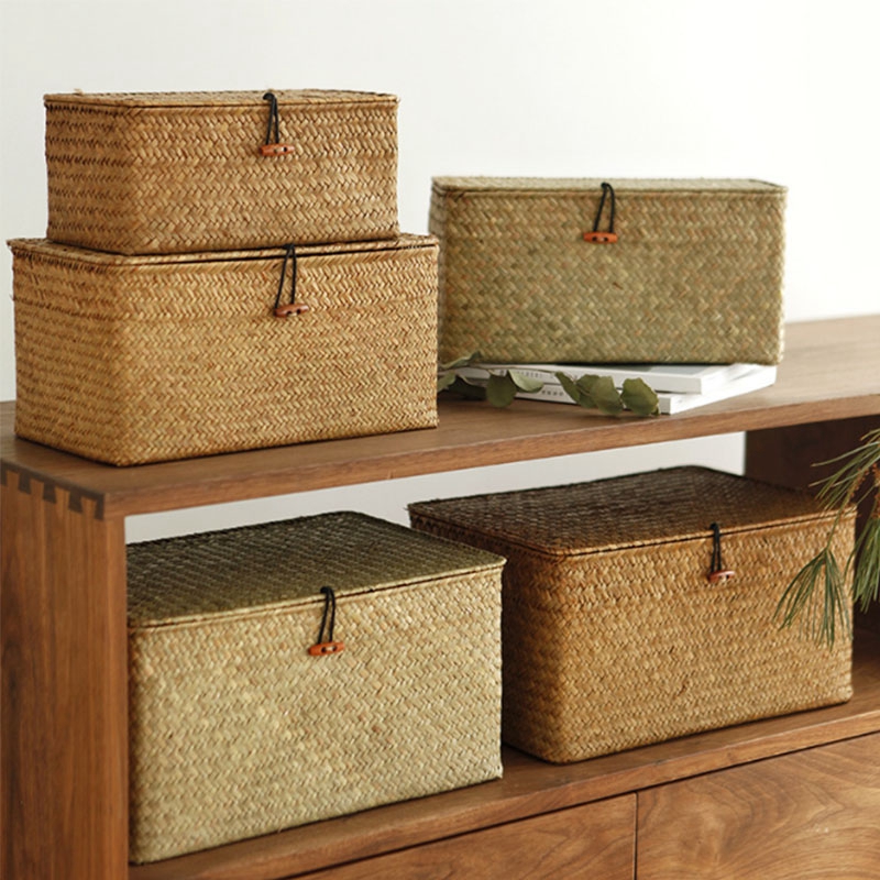 Cesta de almacenamiento tejida con tapa, cestas de almacenamiento de algas marinas para el hogar, cajas de juguetes para artículos diversos a prueba de polvo, organizador, decoración del hogar
