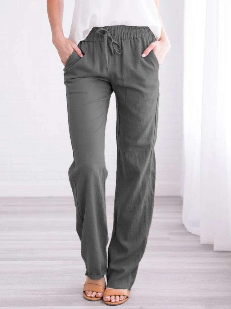 Spring/Summer Women's European and American Solid Cotton Hemp Drawstring Loose Relaxed Wide Leg Pants: XL / GRAY