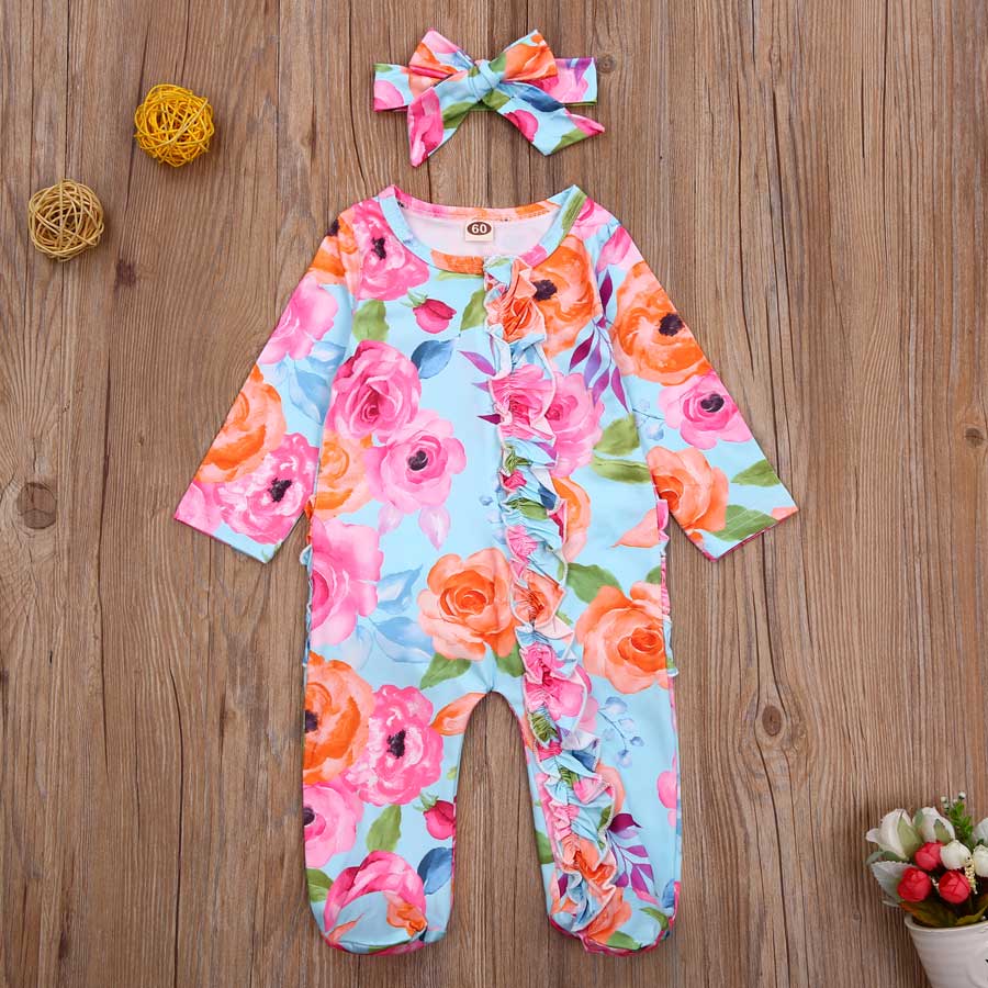 Newborn Infant Baby Boy Footies Sleeper Romper Floral Print One Piece Headband Toddler Baby Girls Winter Romper Jumpsuit Clothes