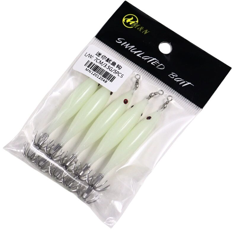 5 unids/bolsa anzuelo luminoso de calamar 7cm anzuelo de calamar brillante anzuelo de pesca de sepia pequeño Señuelos de Pesca de Mar cebo de pesca: Blanco