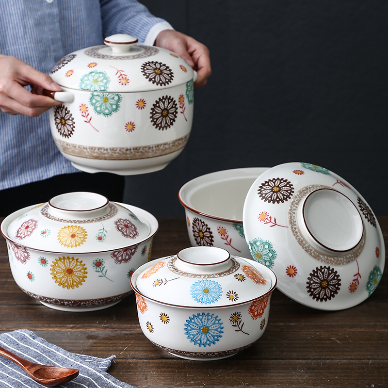 Large capacity Japanese ceramic cover soup noodle bowl stew bowl household tureen tableware set