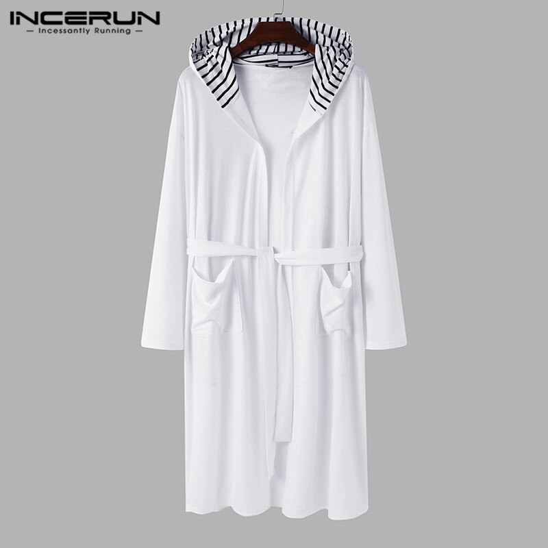 Long Sleeve Hooded Homewear Casual Pockets Comfy Bathrobe INCERUN Men Patchwork Sleep Robes Man Lace Up Nightgown 5XL 7