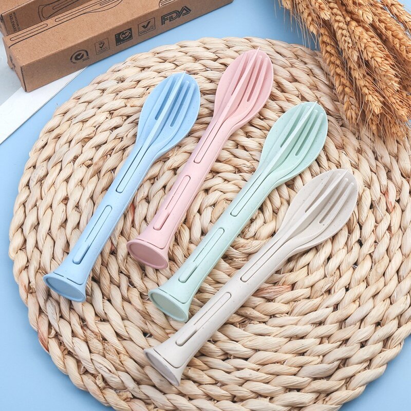 3pcs Three-in-one Portable Tableware Nordic Wheat Straw Knife Fork Spoon Set Western Tableware for Children Kitchen Accessories