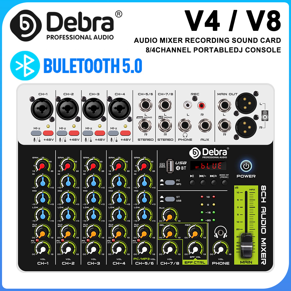 V8 Audio Interface Mixer with Bluetooth 5.0 Phantom Power for Computer Recording, Stage, Band Delayed Replay Effects DJ Mixer
