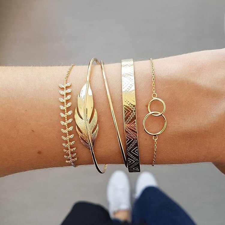 5 teile/satz Böhmen Hülse Mond Charme Armbinde einstellen Für Frauen Herz Geometrische Schwarz Perlen Kette Armreif Mädchen Schmuck: Bräunlich gelb