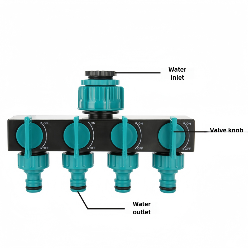 4- vägs slangkoppling, trädgårdsbevattning, vattendelare, 3/4 " och 1/2 " bevattningskopplingar, ventil, vattenfördelare
