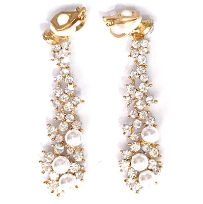 Bruid Bruiloft Sieraden Luxe Full Strass Kristal Clip Op Oorbellen Lange Gesimuleerde Pearl Earring Zonder Doorboord Oor Clip: gold clip earrings