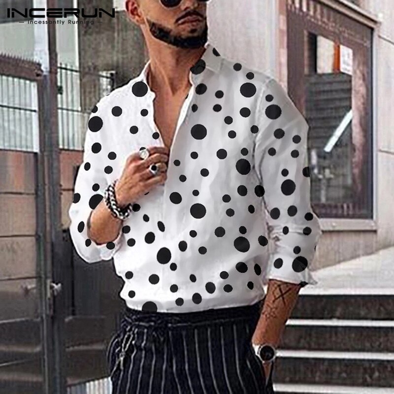 Incerun män casual skjorta klänning prickiga långärmade lapel street style toppar camisa herrmärke skjortor