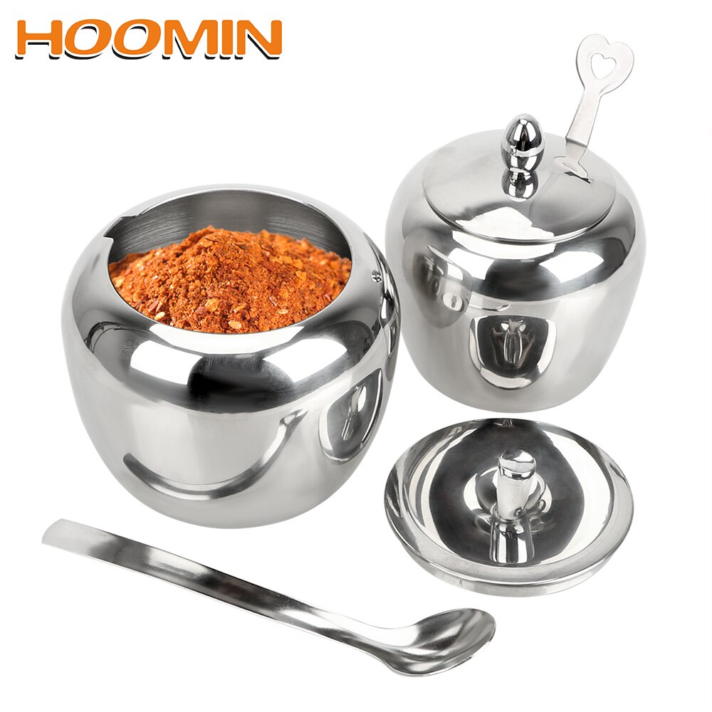 HOOMIN Stainless Steel Tableware Condiment Pot Seasoning Jar Spice Container With Lid and Spoon Apple Sugar Bowl