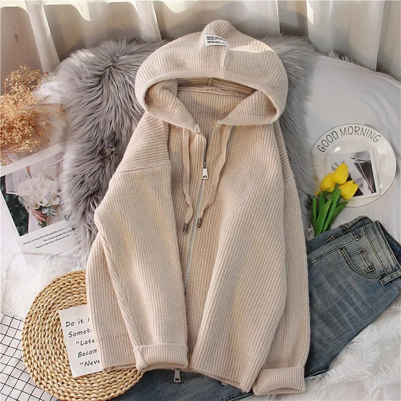 2025 primavera nova moda temperamento grosso cor sólida com capuz malha cardigan casaco com zíper camisola feminina solta topo grosso roupas femininas: XL / Marfim