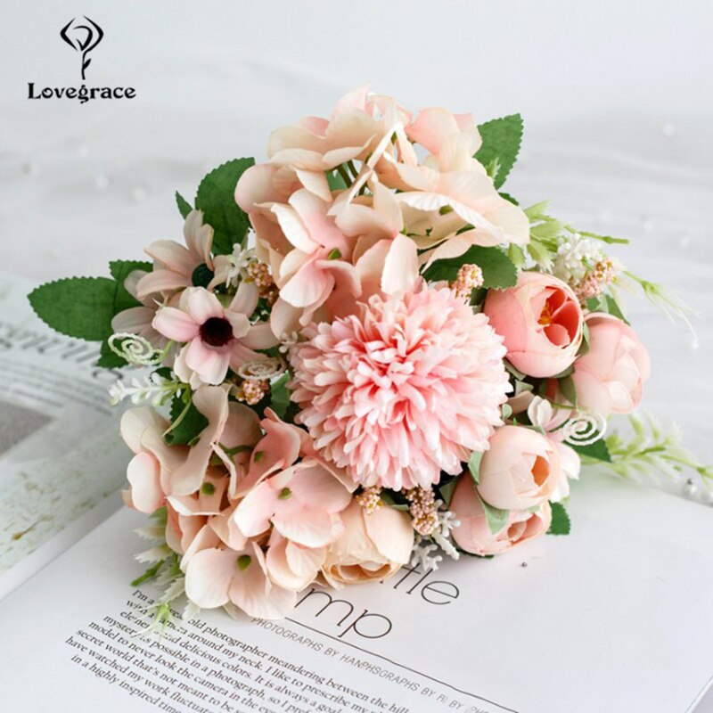 Bouquet de mariage Lovegrace soie artificielle Rose pivoine fleur mariée Bouquet Rose hortensia pompon bourgeon vanille épi fourniture de mariage: bud-pink