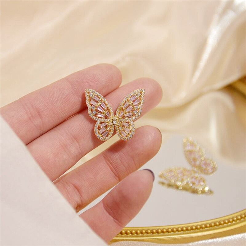 Vogue Trendy White Gold Gorgeous Zirconia Butterfly Stud Earring for Women Temperament Bling Cubic Zircon Feminia Bizuteria