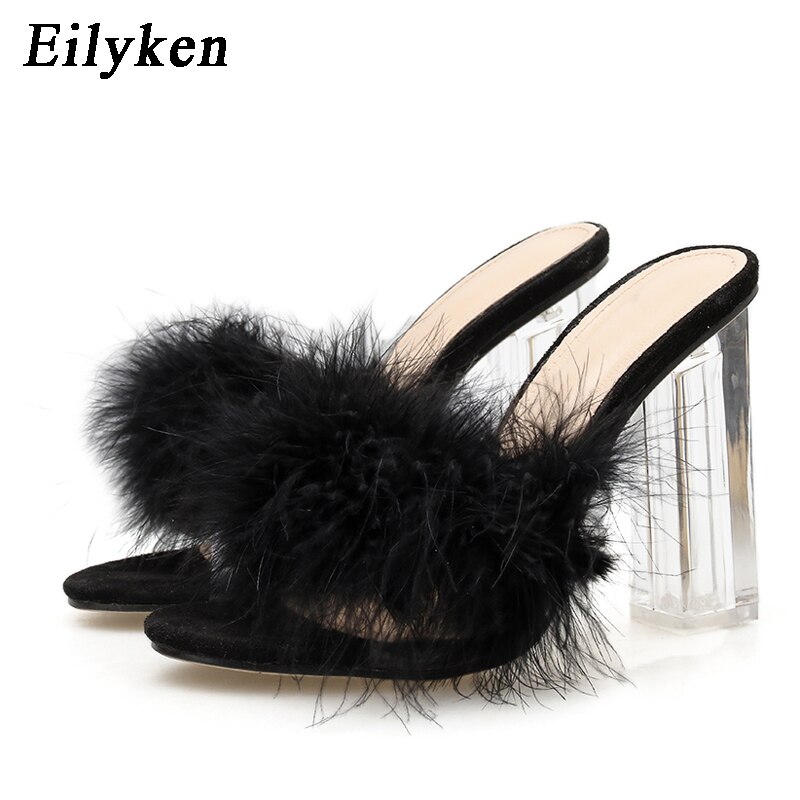 Eilyken Mode Harige Open Teen Slippers Clear Crystal Hoge Hakken Vrouwen Schoenen Vierkante Hak Transparante Vrouwelijke Sandalen