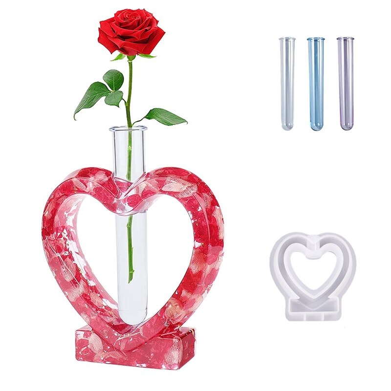 Moldes de resina epoxi en forma de corazón con 3 tubos de ensayo para hidropónico, soporte de flores, decoración de oficina en casa, de San Valentín