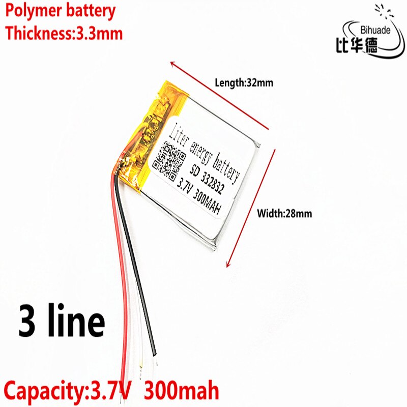 3 lijn Goede Qulity 3.7 V, 300 mAH, 332832 lithium Polymeer ion/Li-Ion batterij voor SPEELGOED, POWER BANK, GPS, mp3, mp4