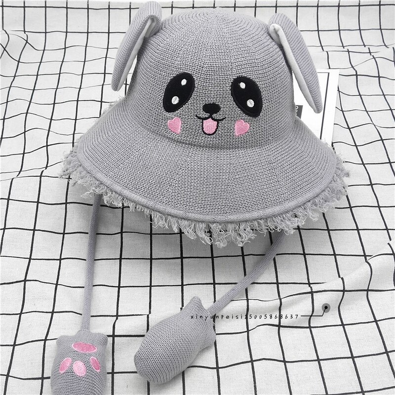 Cartoon Ears Press Air Cute Bag Moving Up Down Hat Girl Kids Summer Bucket Cap for children and adult: gray for kids