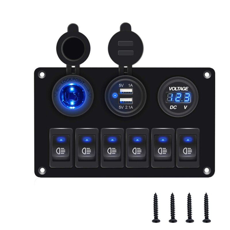 Waterproof Boat Switch Panel Car Switch Panel Digital Voltmeter Dual USB Port 12V Outlet 6 Gang Combination Panel: 1Pc  Blue Model B
