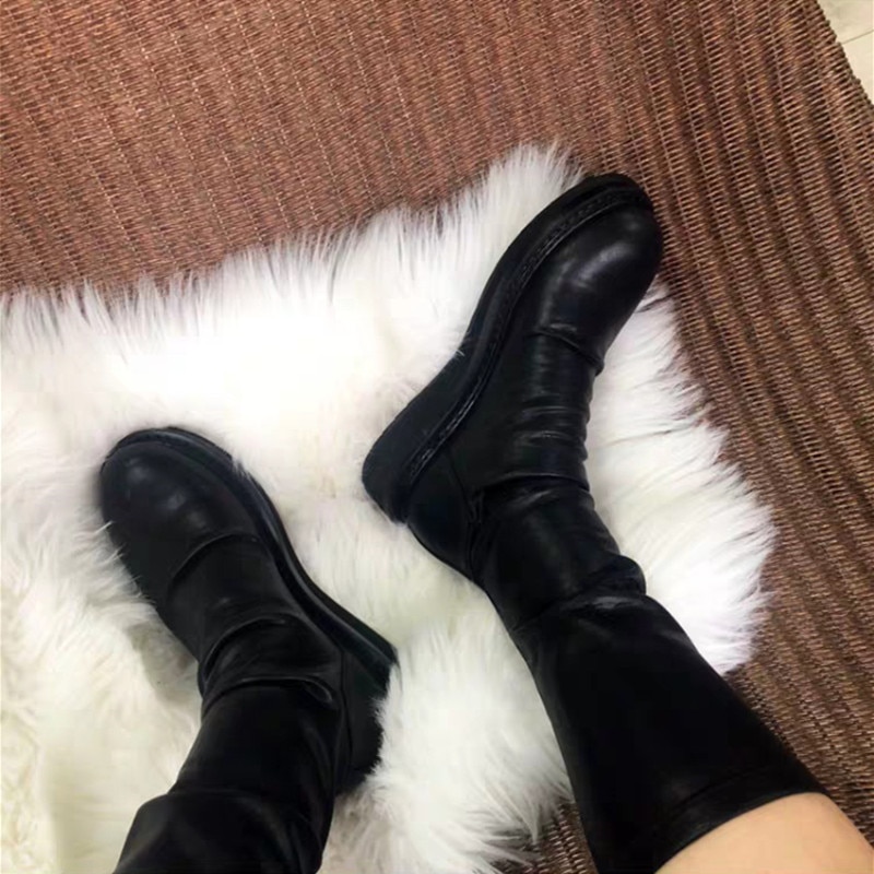 Women Mid-calf Boots Slim Fit Sock Boots Thick Sole Flat Shoes Woman Female Soft Leather Botas Mujer Autumn Flats
