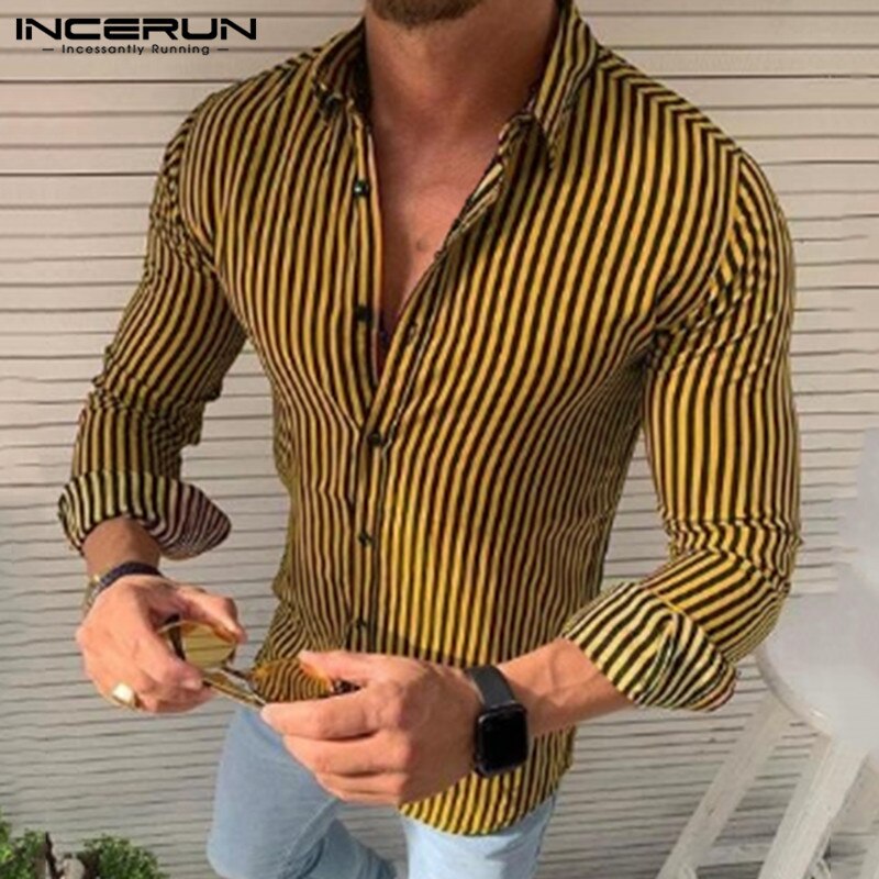 INCERUN Striped Men Brand Shirt Long Sleeve Casual Lapel Thin Shirts Bodybuilding Streetwear Camisa Masculina S-3XL