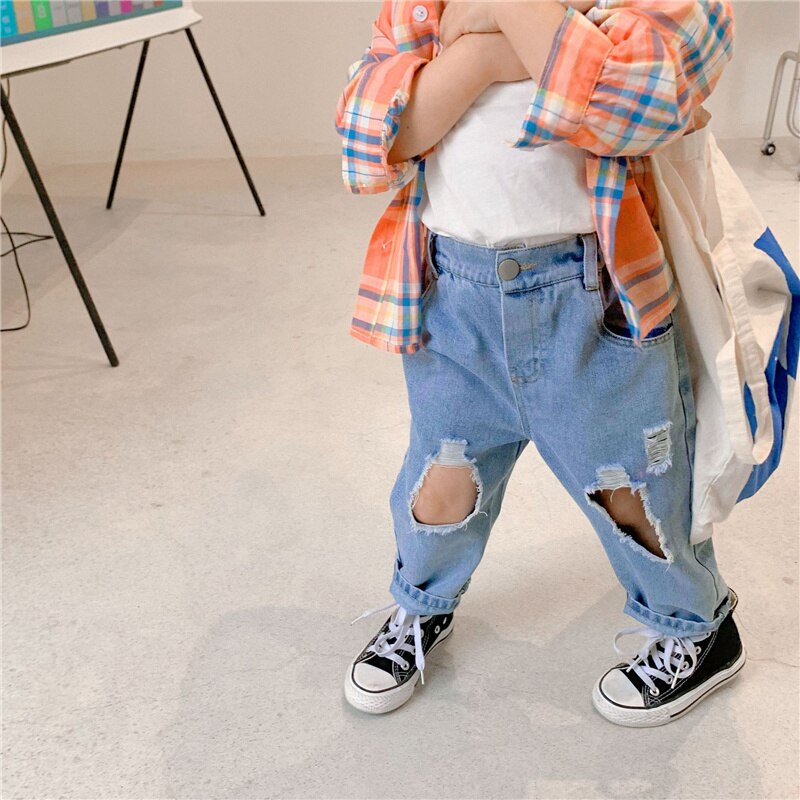 Lente Zomer Jongens Meisjes Jeans Baby Ripped Denim Broek Kinderen Gebroken Gaten Losse Denim Broek Kinderen Bodems Casual Mode