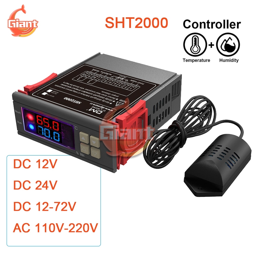 SHT2000 Dual Digital Thermostat Temperature Humidity Controller Thermometer Hygrometer Controller AC 110V 220V DC 12V 24V 10A