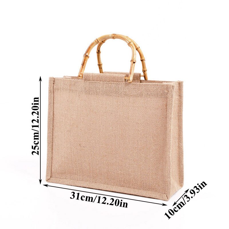 Draagbare Jute Boodschappentas Waterdichte Jute Handtas Met Bamboe Lus Handgrepen Tote Hoge Capaciteit Unisex Vintage Boodschappentassen