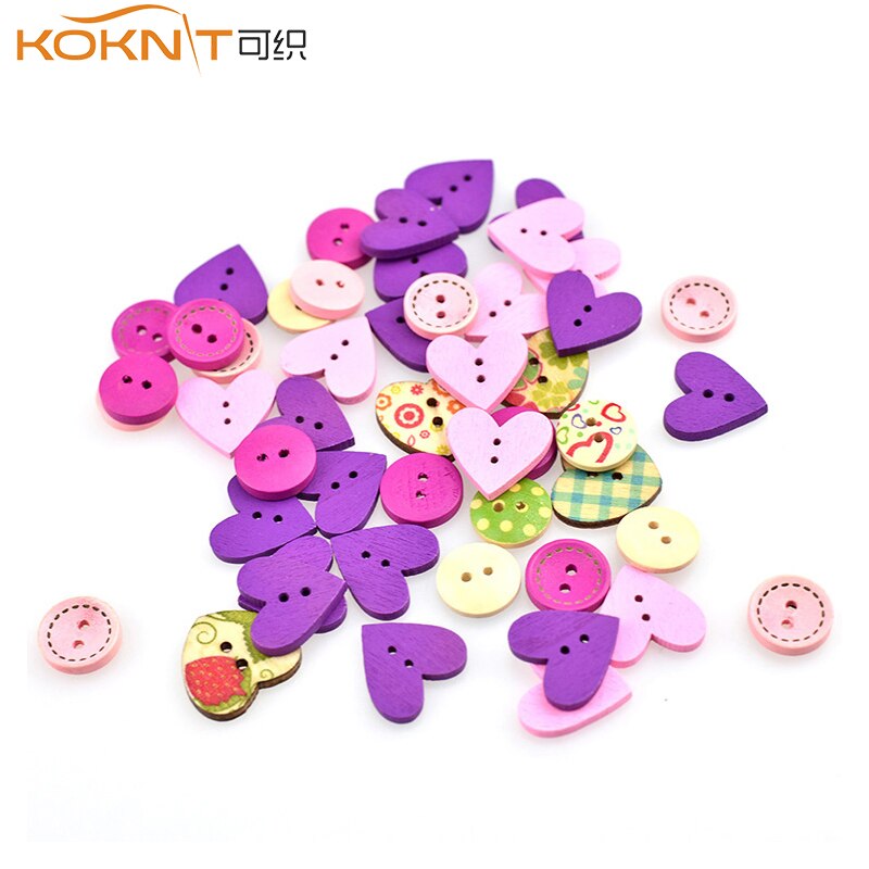 100 Pcs/Meerdere Gemengde 2 Gat Hout Knop Rode Ronde Hartvormige Patroon Decoratie Knop Voor Moeder Naaien diy Cut-Out Craft