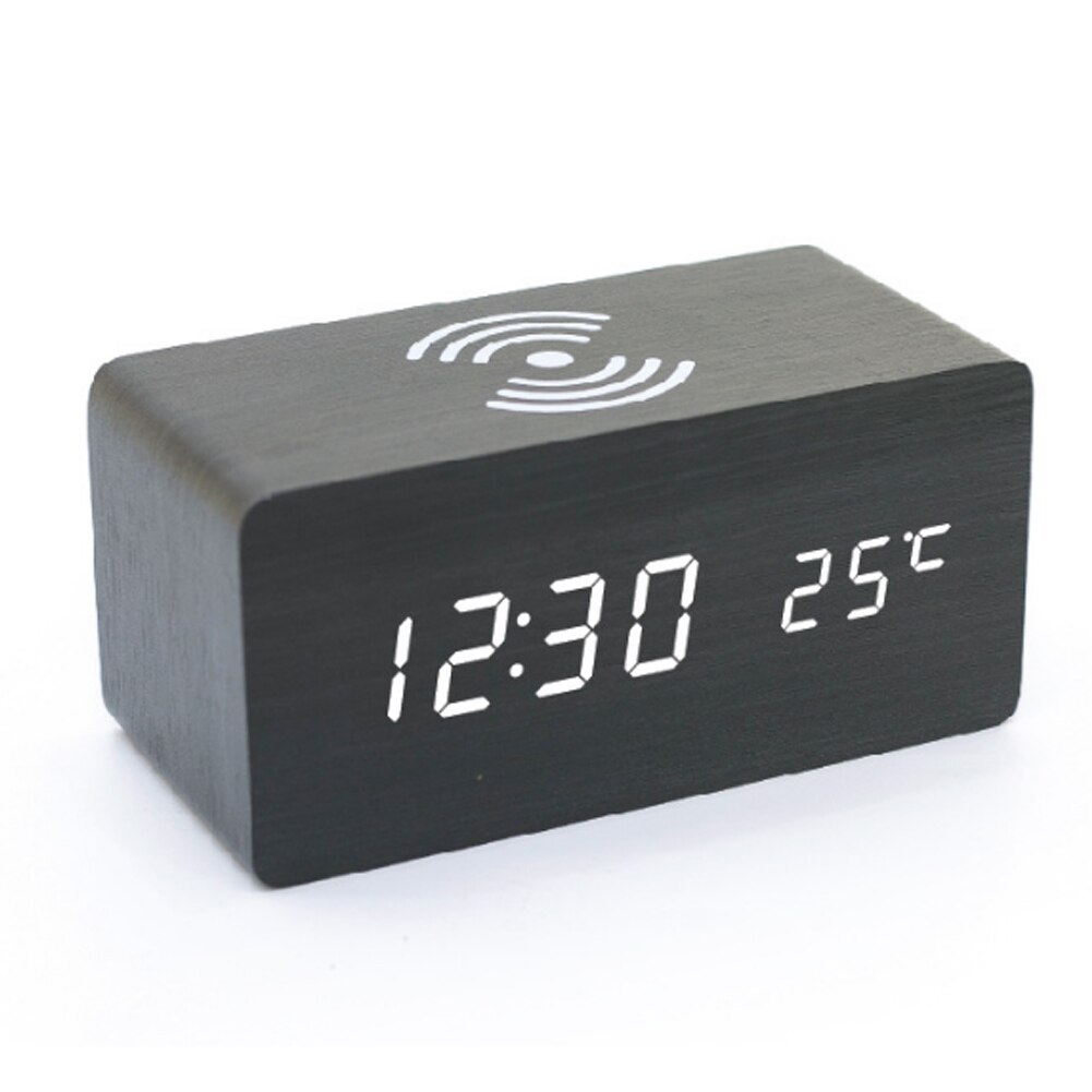 High Wooden Digital LED Desk Alarm Clock Thermometer Qi Wireless Charger LG66