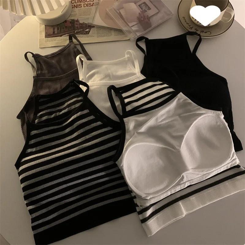 Camisetas sin mangas para mujer versión coreana, Top corto informal liso con almohadilla en el pecho, ropa exterior sin mangas a rayas, camisola básica