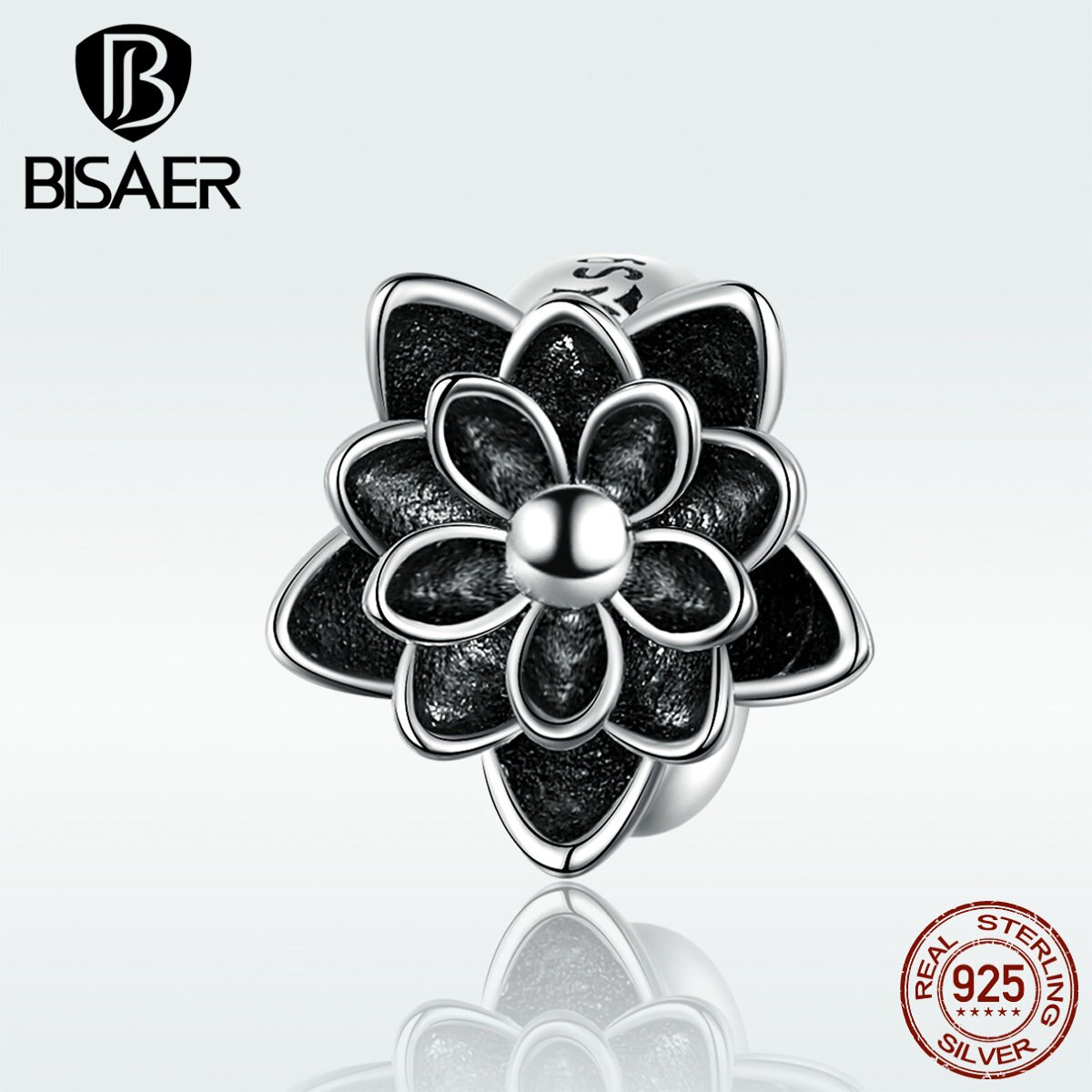 BISAER Lotus Beads 925 Sterling Silver Black Enamel Lotus Flower Charms Beads fit Women Bracelets Bangles DIY Jewelry ECC1196