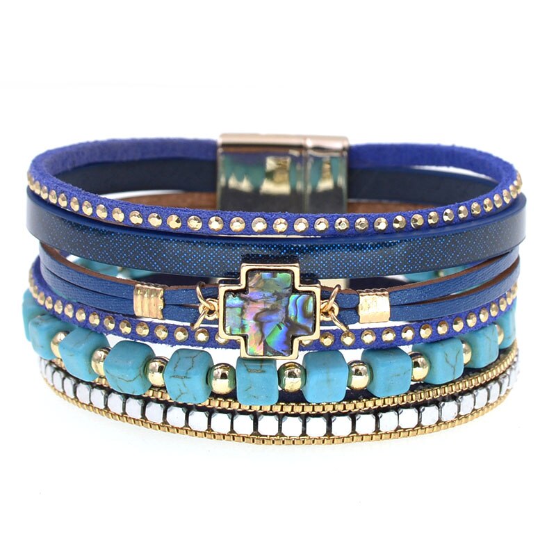 WELLMORE böhmen kreuz armbänder für frauen stein perlen wickeln armbänder leder Armbänder &Ampere; Armreifen Weiblichen Schmuck: 19cm / Blau