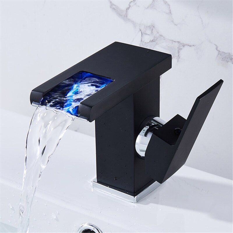 Grifo de cristal tipo cascada para lavabo de baño, hecho de latón, Led: Short Size Black