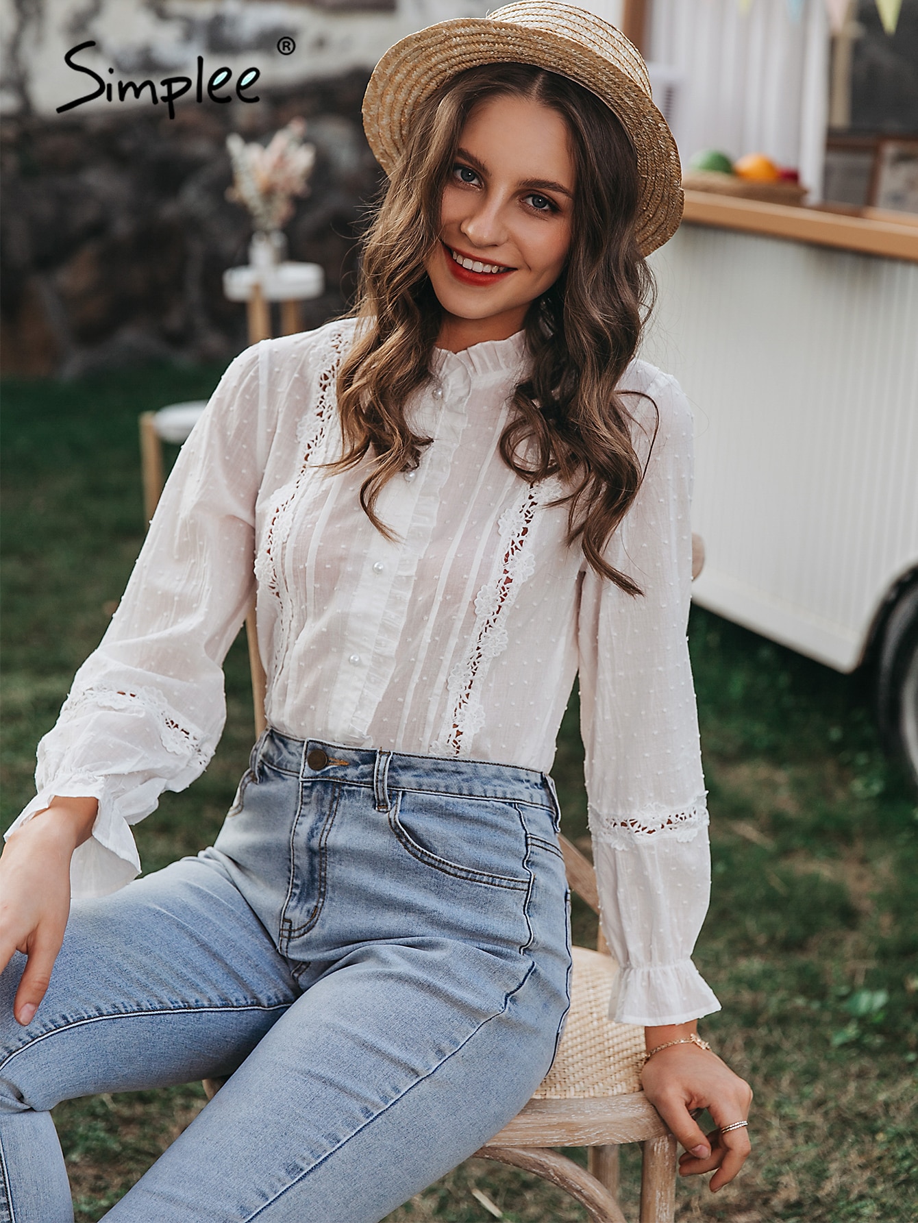 Simplee vintage ihålig kvinnlig kontor dam toppar vår sommar chic vit blus casual spets långärmade korta toppar
