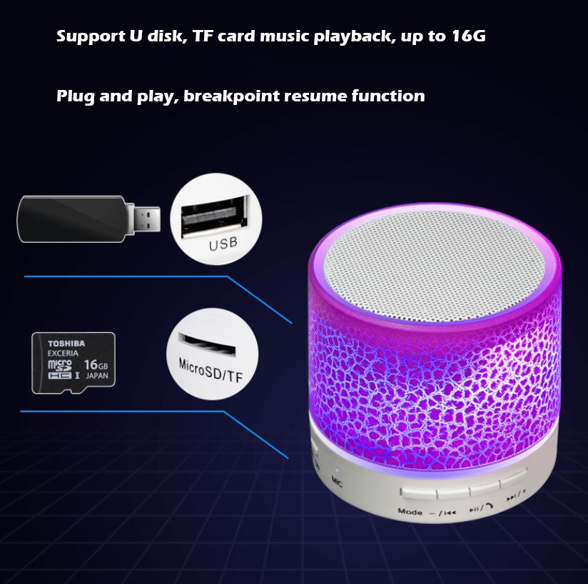 Altavoces Bluetooth grietas portátiles Mini inalámbrico LED USB Radio FM MP3 Subwoofer resplandeciente Tarjeta de disco altavoz de sonido casa, Estudio de coche