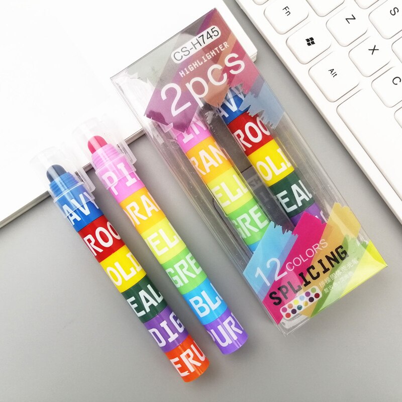 6color Splicing Solid Highlighter Crayon Bullet Fluorescent Graffiti Pen Students Writing Mark Journal Pens School Supplies