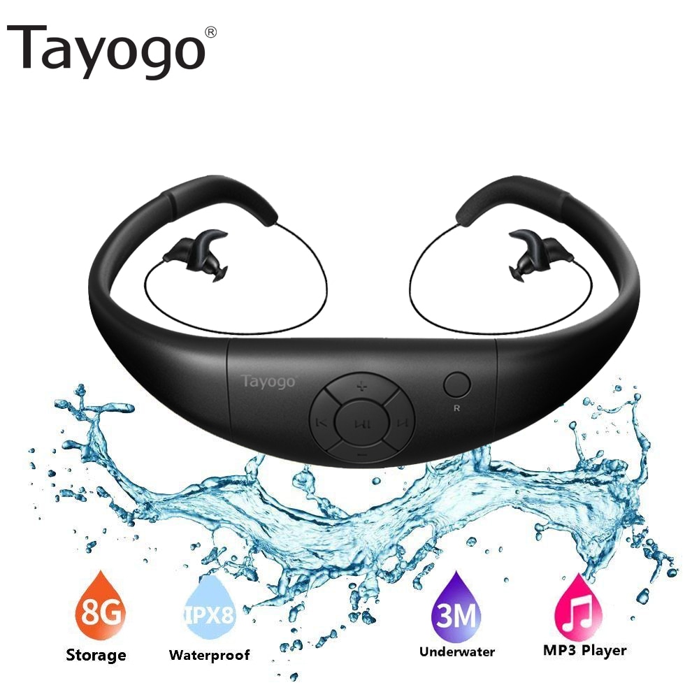 Tayogo 8G IPX8 Waterproof MP3 Newest Swimming Diving Music Player Built-in Player Neckband Stereo Sport Earhook Audio Headset