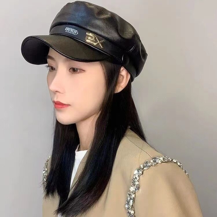 Black women&#39;s octagonal hat British retro pu leather leather hat beret: black 3