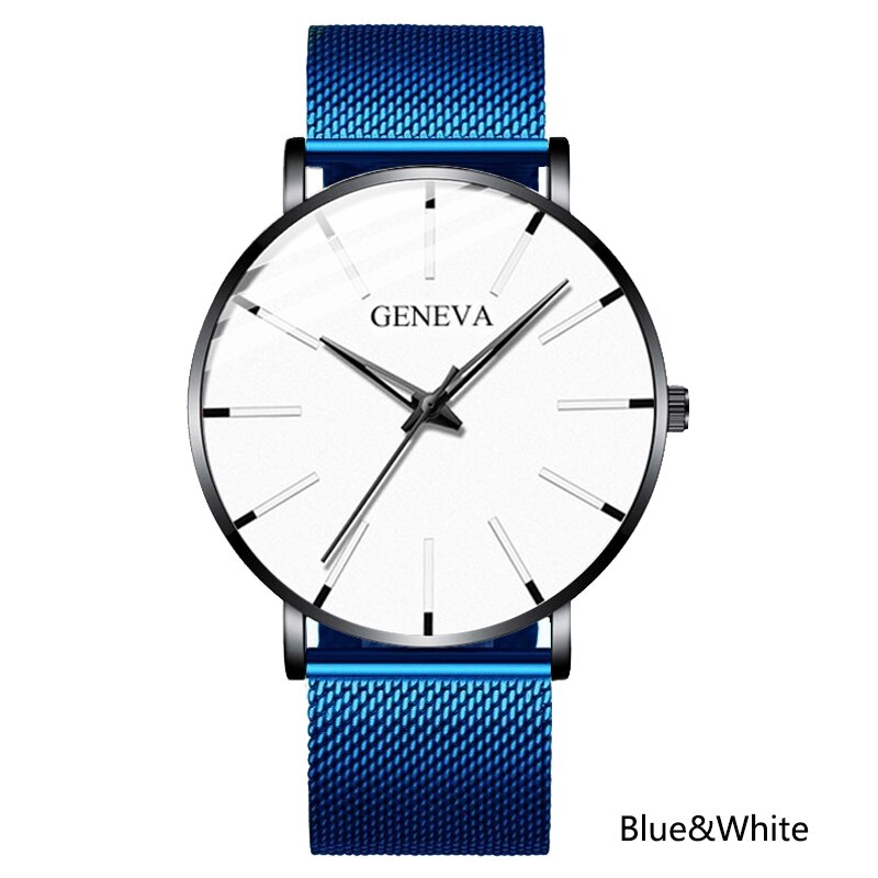 Heren ultradunne horloges minimalistische eenvoudige heren zakelijke roestvrijstalen mesh band quartz horloge relogio masculino: Blauw zwart wit