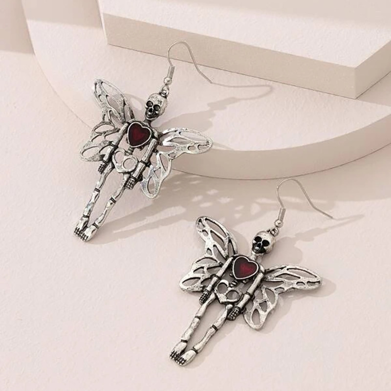 Pendientes colgantes de esqueleto de Halloween a la para mujer, pendientes góticos de gato negro con calavera gótica Punk Vintage, de joyería divertidos para