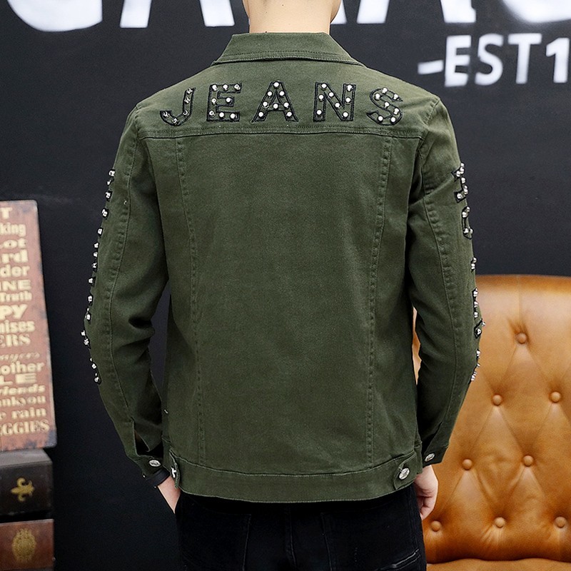 Vintage Letter Rivet Personality Mens Denim Jackets Korean Long Sleeve Single Breasted Punk Slim Casual Chaqueta Hombre