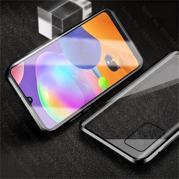 samun a 31 case 360° full cover metal magnetic flip cases for samsung galaxy a31 double-sided glass coque sm-a315f/ds 6.4'': m40s / black