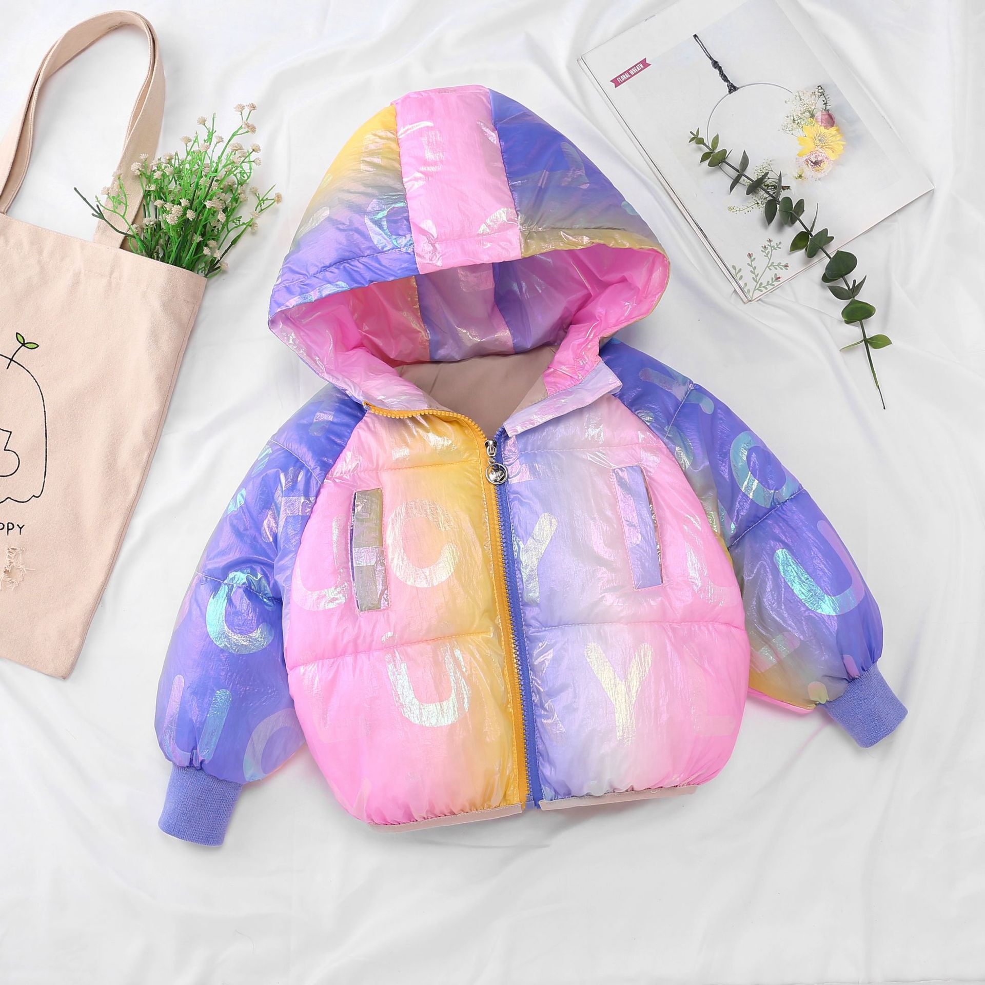 Children's Winter Jacket Cotton Padded Girls Jackets Outerwear Coats Bright and Colorful Rainbow Girls Winter Coat: Purple / 4T