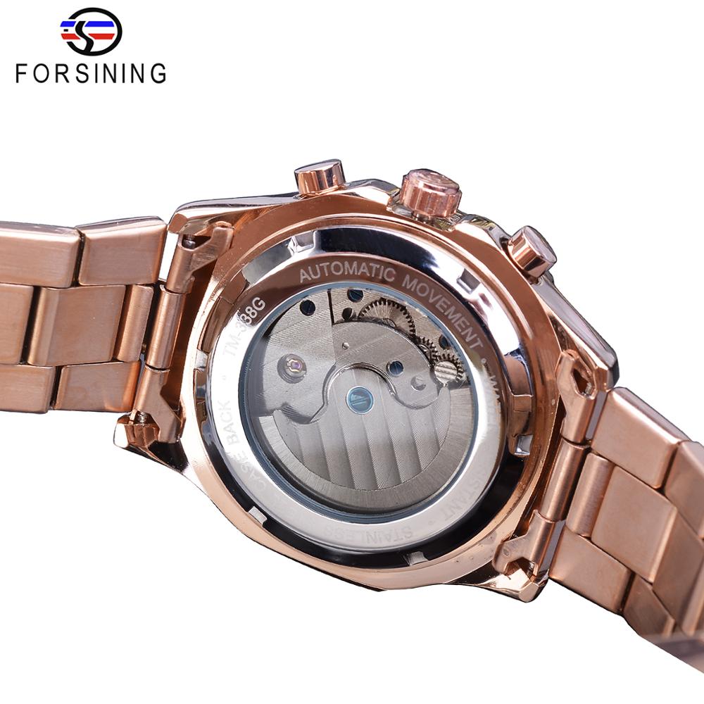 Forsining Mens Mechanische Horloges Super Grand Automatische Moonphase Tourbillon Aarde Datum Rose Gold Steel Belt Horloge Relogio