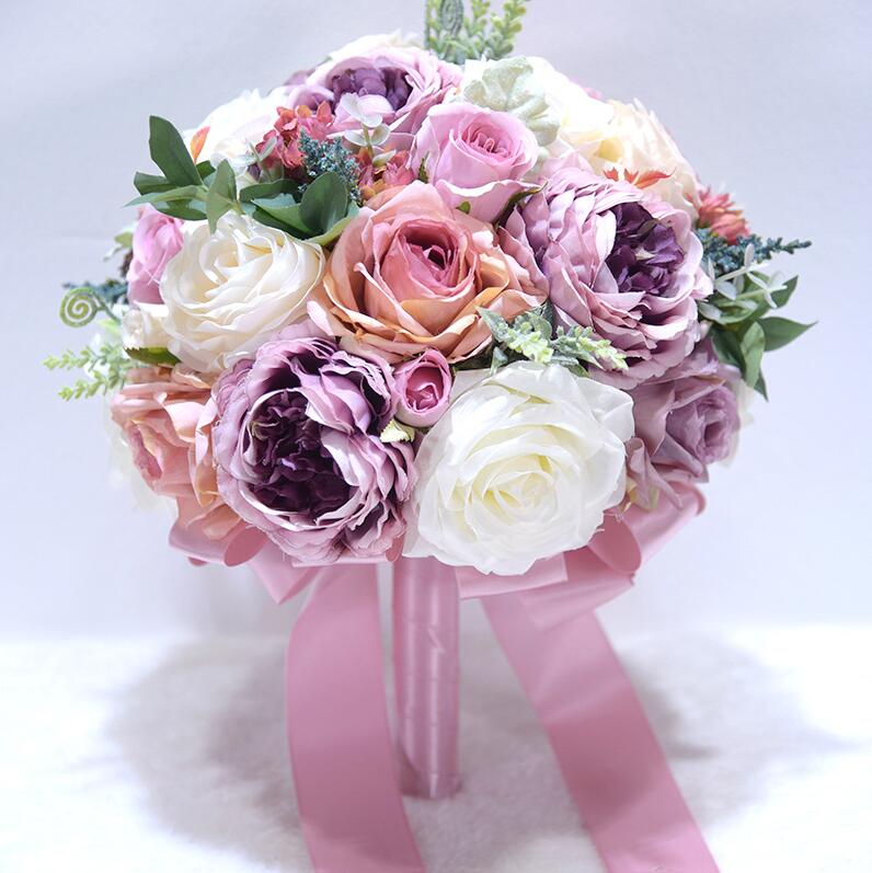 JaneVini Romantic Pink Purple Bridal Flower Bouquet Wedding fleur rose Peonies Bride Bouquets fleurs artificielles: Purple
