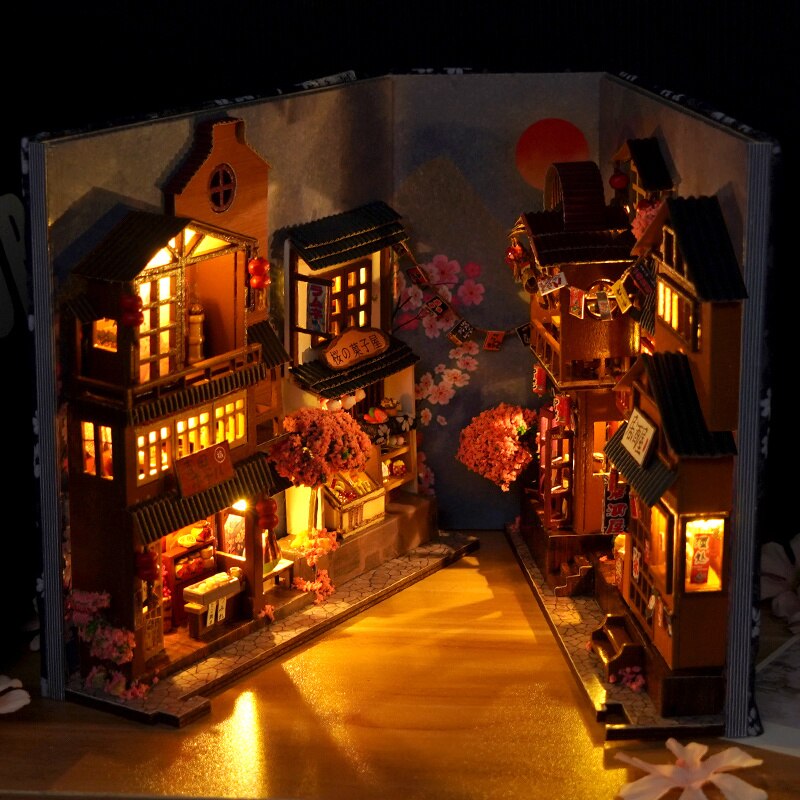 Kits de inserción de estante para rincón de libros, casa de muñecas en miniatura con muebles, caja para habitación, sujetalibros de flores de cerezo, tienda japonesa, juguetes,