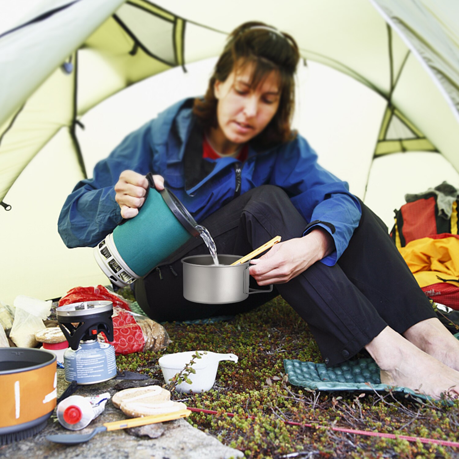 Titanium Bowl with Folding Handles Camping Bowl Dinner Food Container Outdoor Pan for Outdoor Camping Hiking Backpacking