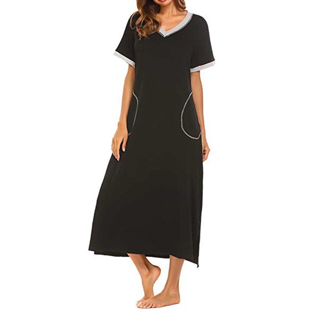 plus size Women’s Nightshirt Short Sleeve Nightgown Ultra-Soft Full Length Sleepwear Dress пижама женская: BK / L2