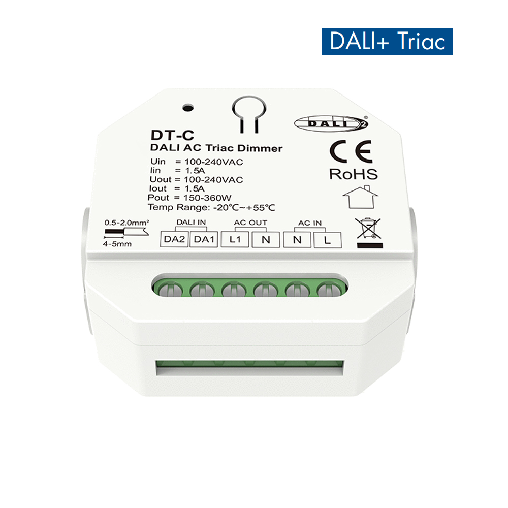 DALI AC-Triac-Dimmer DT-C mit Druckschalter, dimmbarer hinterer DT4-Kantendimmer für einfarbige dimmbare LED-Lampen, AC100–240 V, 360 W