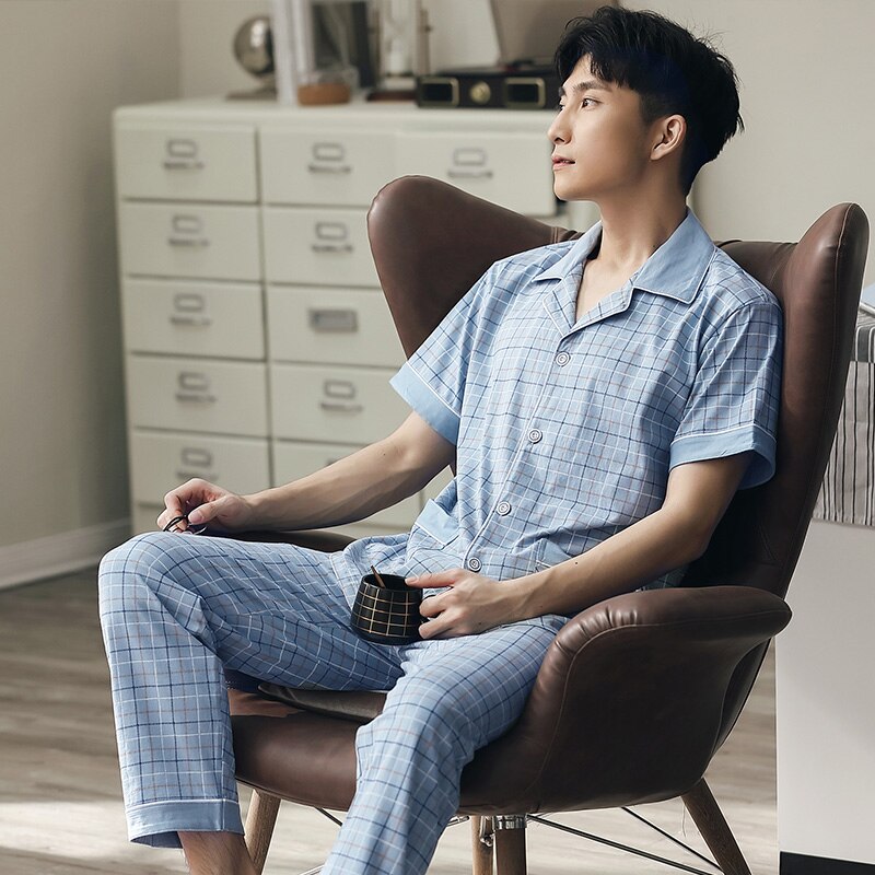 Pijamas de verano para hombre de manga corta con botones, conjunto de Pijamas de algodón para hombre, Conjunto de pijama a cuadros, Conjunto de pijama , trajes de pijama para hombres
